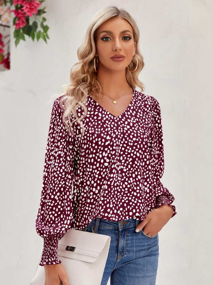 Buy burgundy Printed V-Neck Lantern Sleeve Blouse