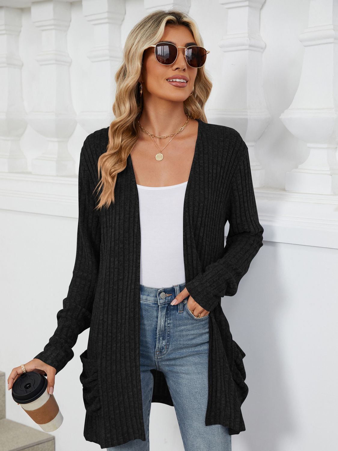 Buy black Pocketed Open Front Long Sleeve Cardigan