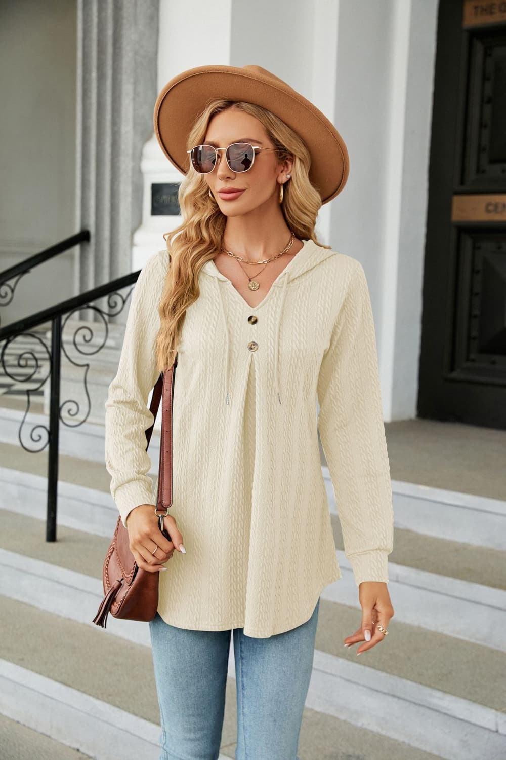 Buy ivory Long Sleeve Hooded Blouse