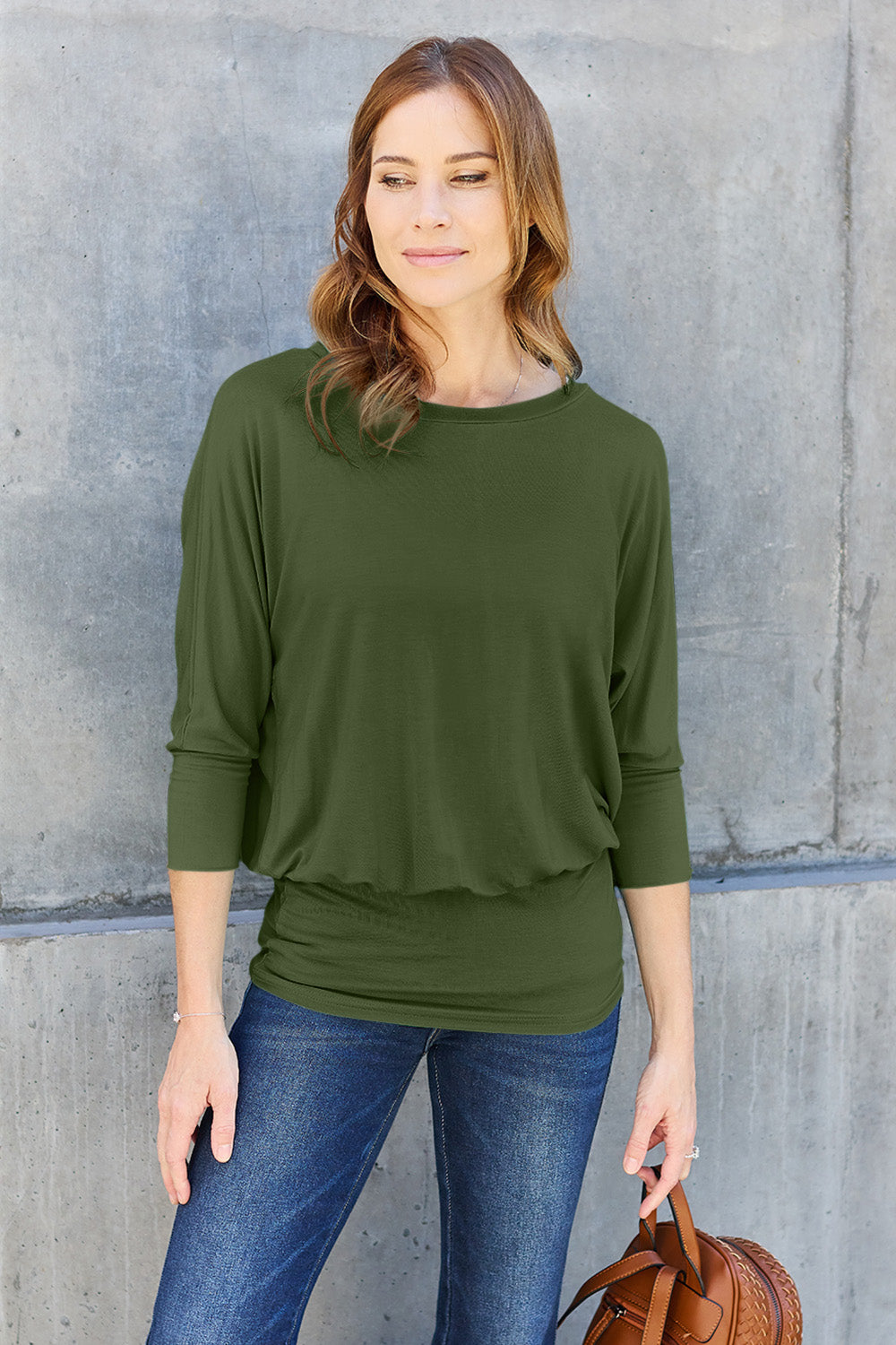 Buy army-green Basic Bae Full Size Round Neck Batwing Sleeve Top