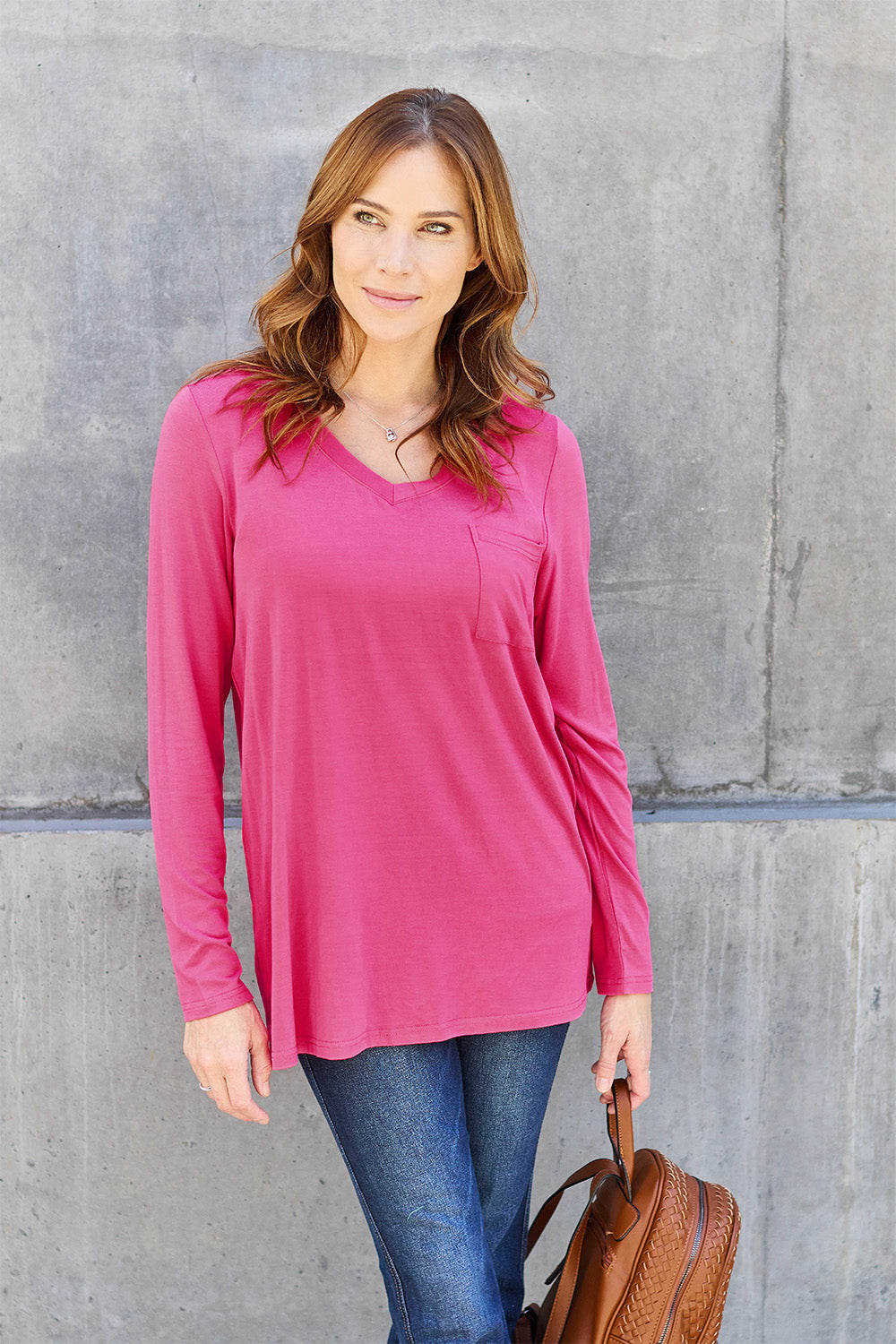 Buy hot-pink Basic Bae Full Size V-Neck Long Sleeve Top