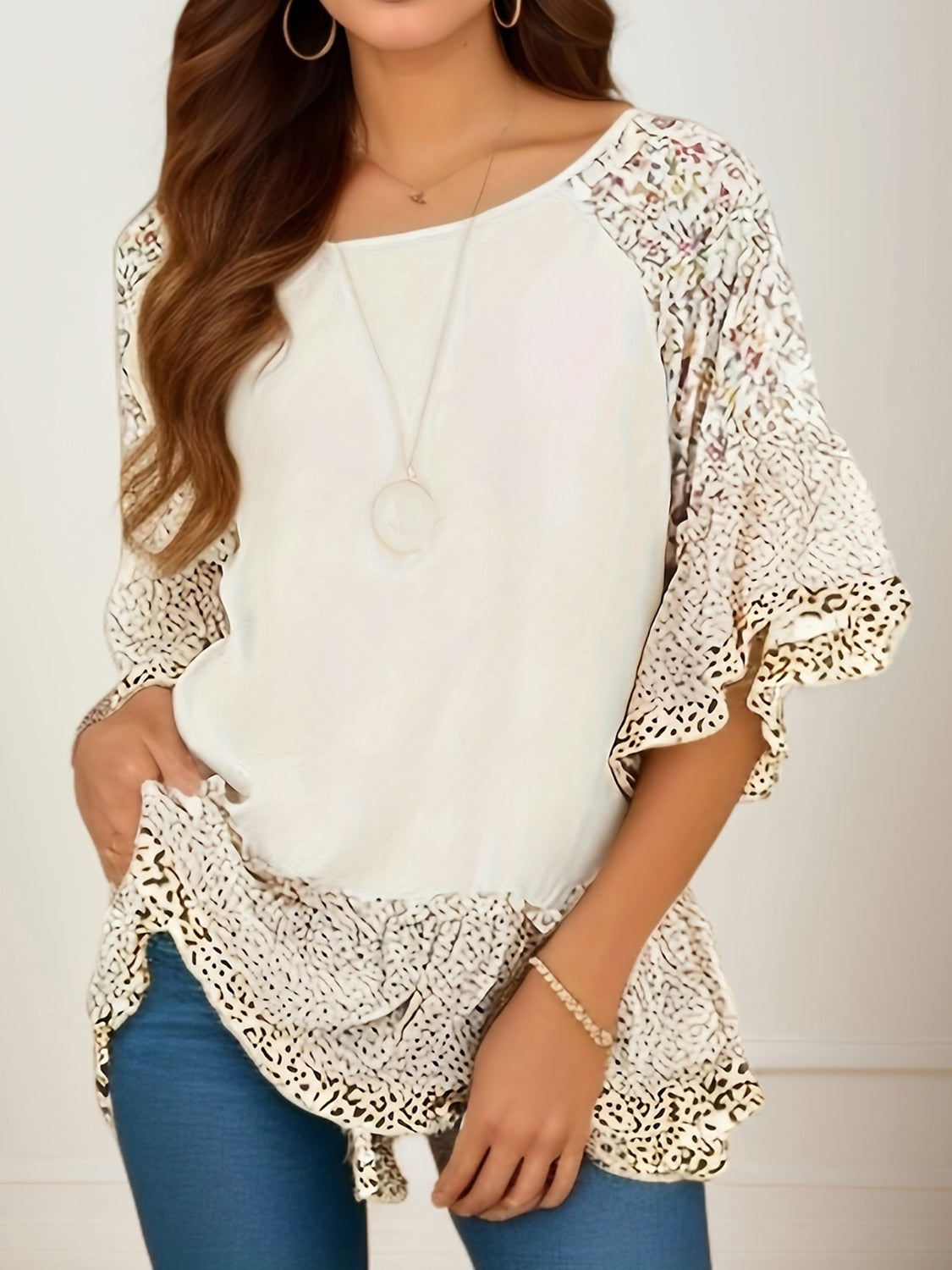 Buy cream Full Size Frill Printed Round Neck Half Sleeve Blouse