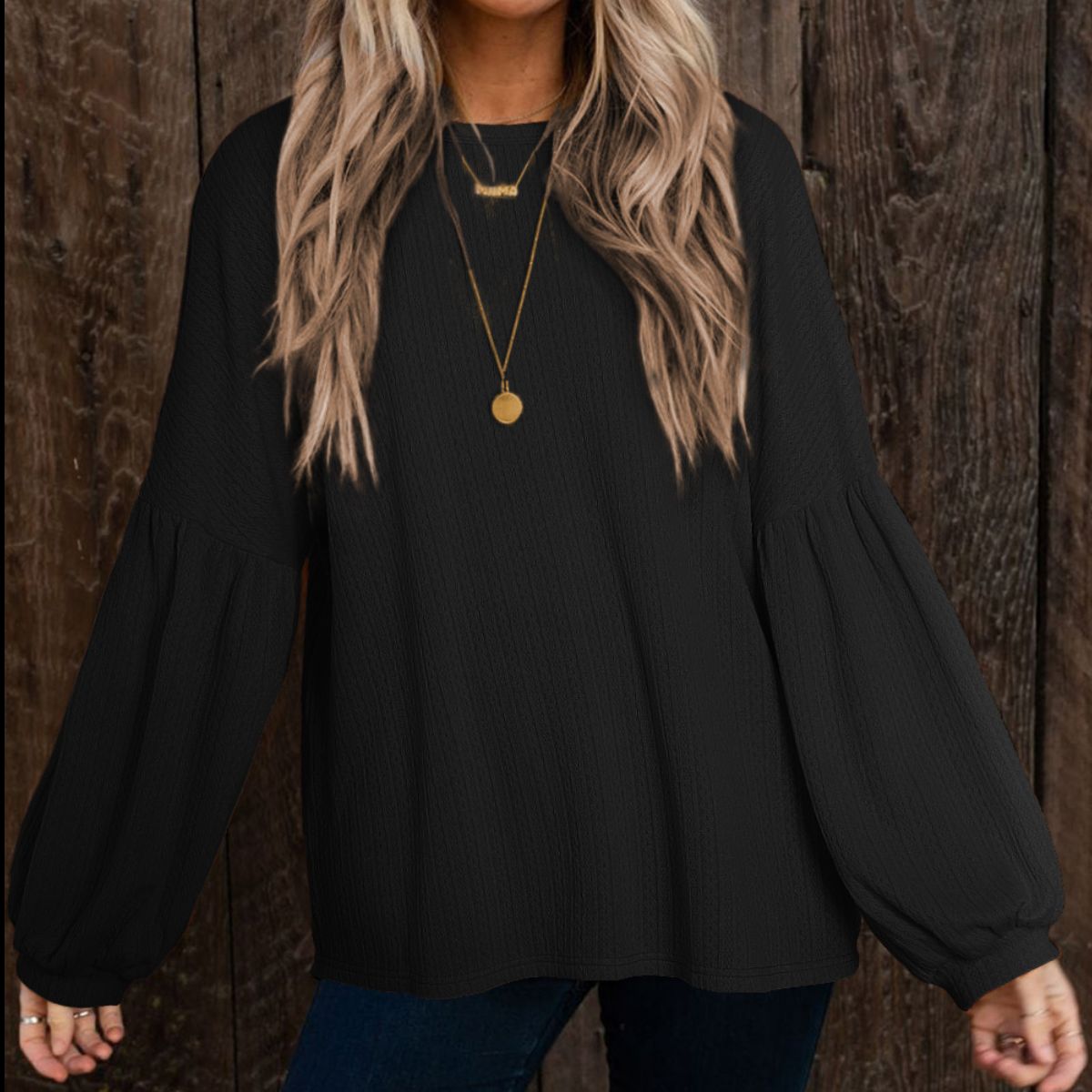 Buy black Round Neck Long Sleeve Ruched Blouse