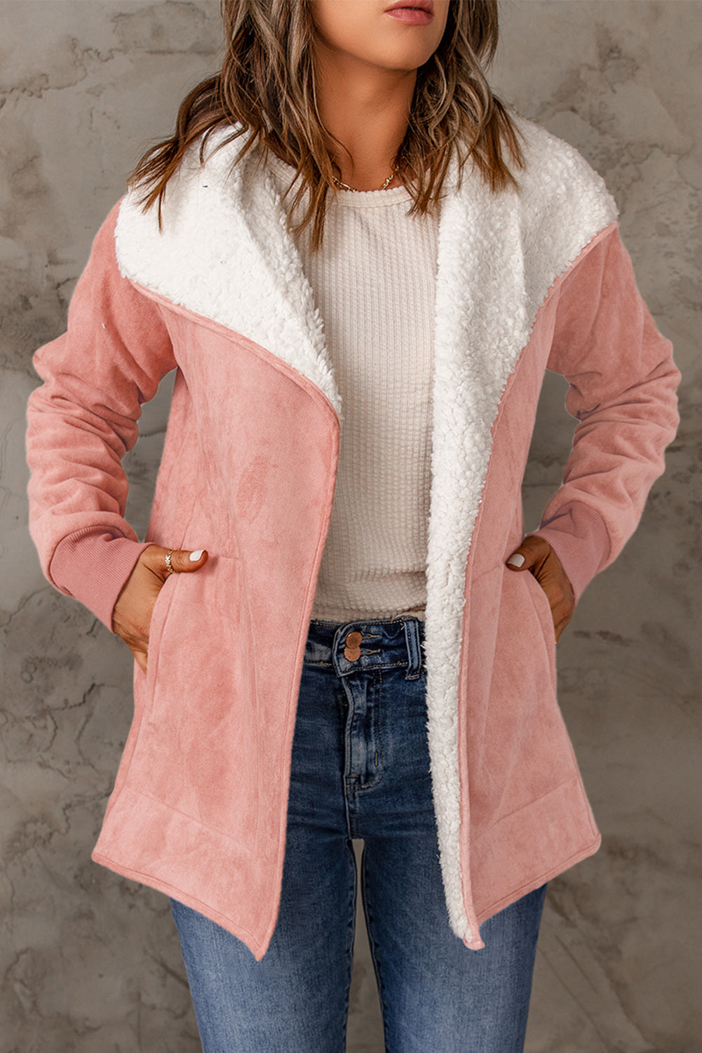 Buy dusty-pink Open Front Long Sleeve Sherpa Jacket with Pockets