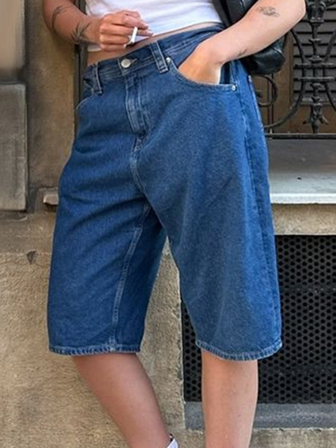 Buy navy High Waist Denim Shorts with Pockets