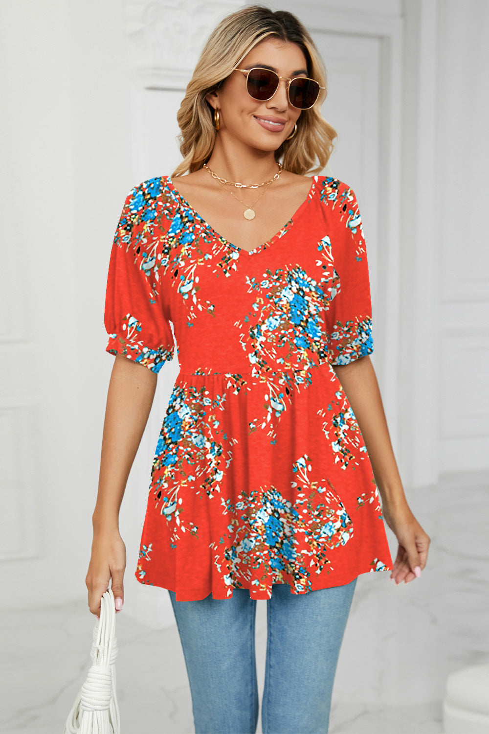 Buy red V-Neck Babydoll Blouse