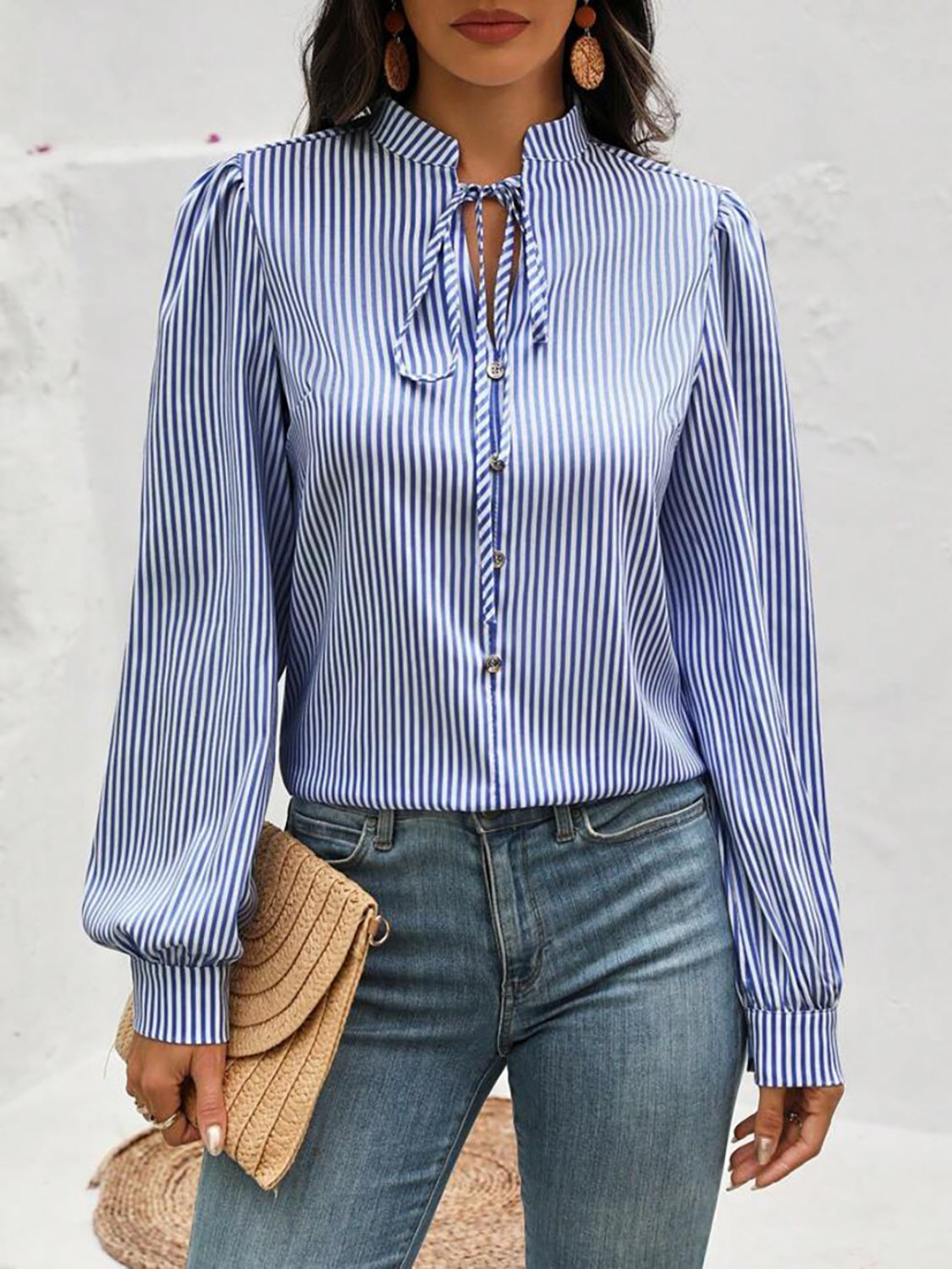 Buy dusty-blue Striped Tie Neck Long Sleeve Blouse