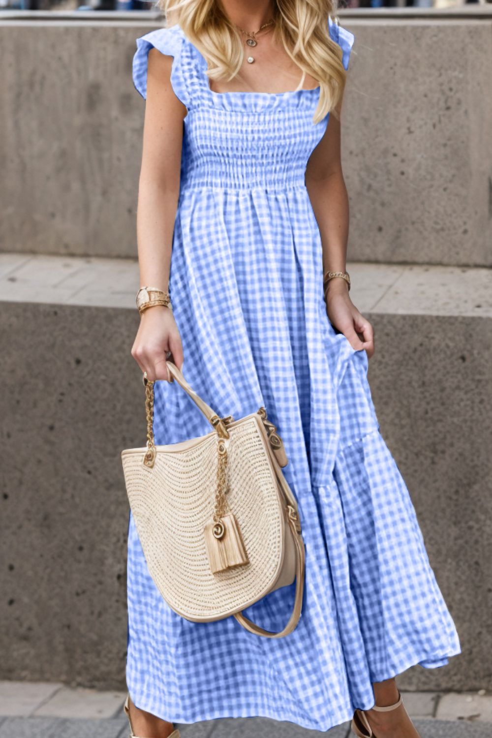 Buy blue Full Size Smocked Ruffled Plaid Ruffle Hem Dress