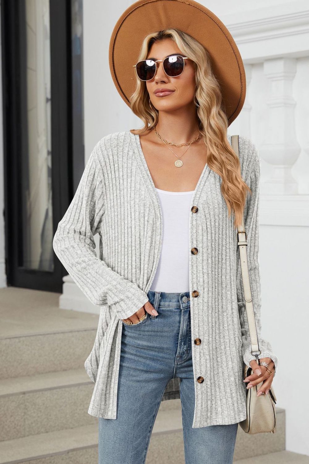 Buy light-gray Ribbed Button Up Long Sleeve Cardigan