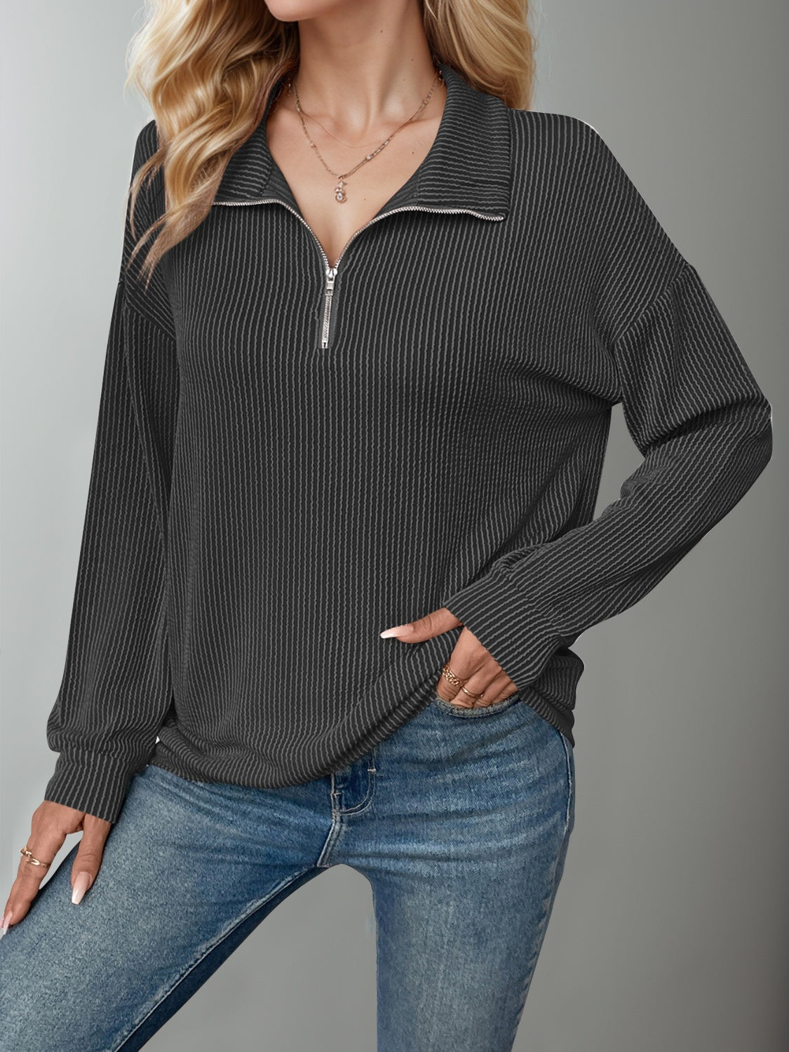 Buy dark-gray Double Take Striped Half Zip Long Sleeve T-Shirt