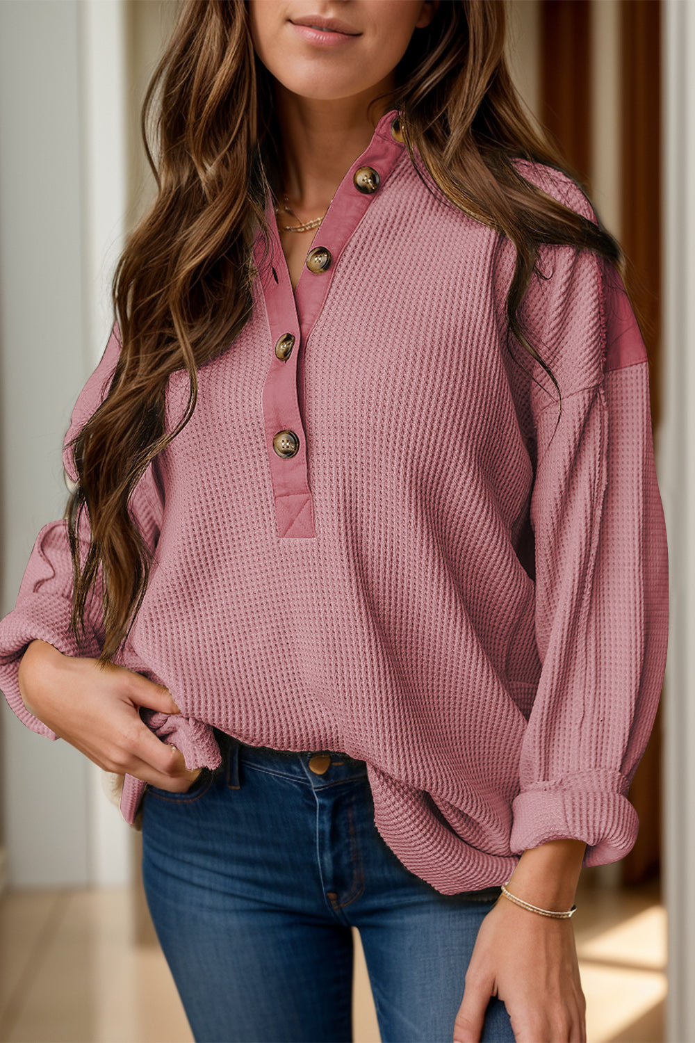 Buy dusty-pink Half Button Long Sleeve Top