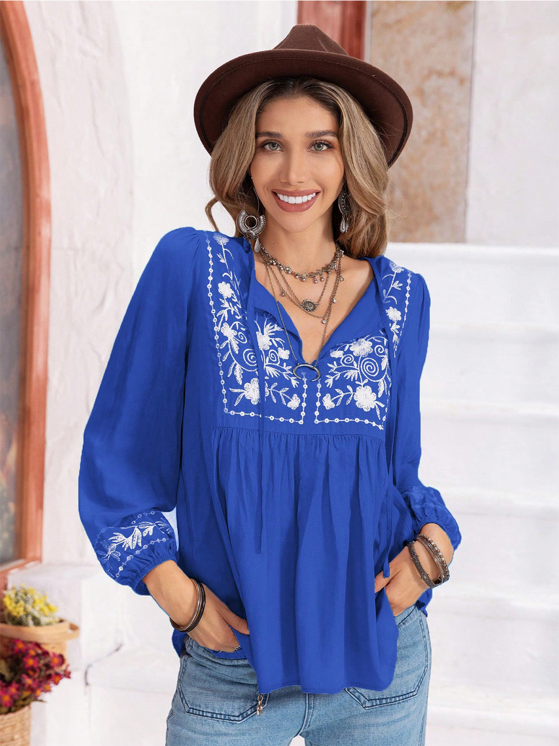 Buy royal-blue Floral Tie Neck Balloon Sleeve Blouse