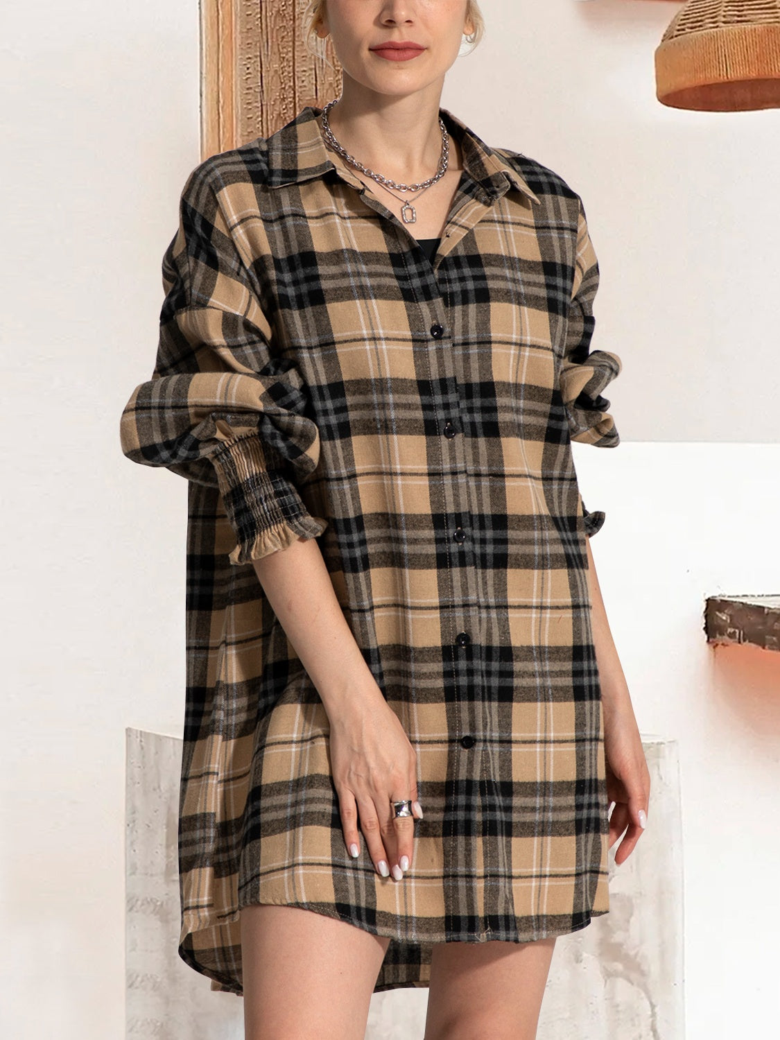 Buy camel FAM-FAM Button Up Plaid Long Sleeve Shirt Dress