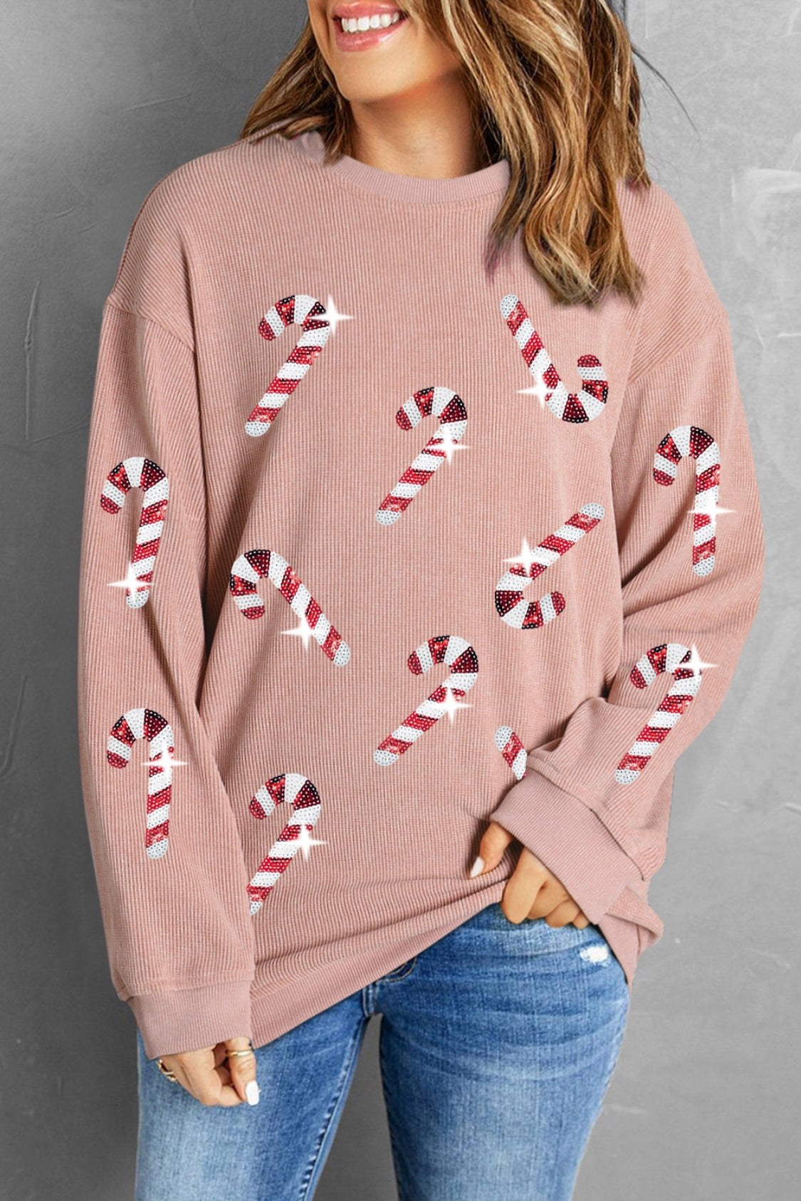 Buy dusty-pink Sequin Candy Cane Round Neck Sweatshirt