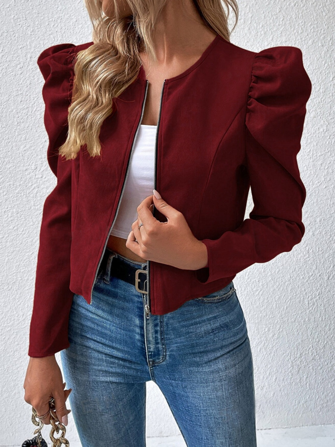 Buy burgundy Zip Up Puff Sleeve Jacket