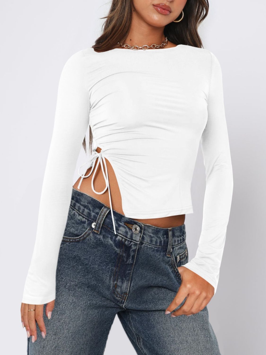 Buy white Tied Slit Round Neck Long Sleeve T-Shirt