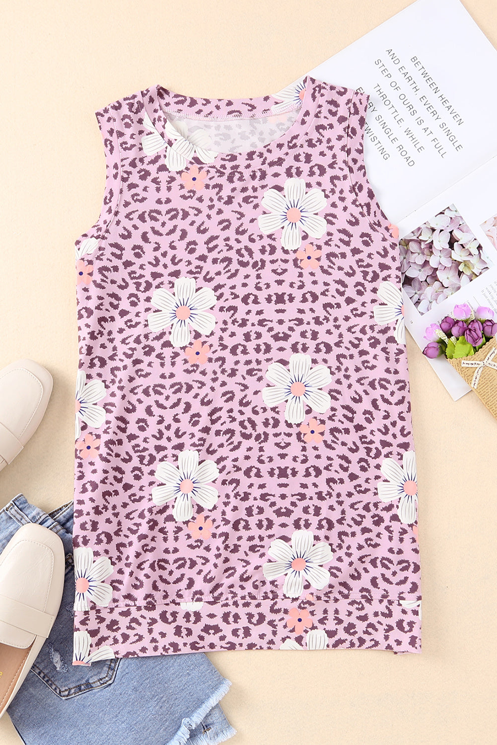 Buy pink-lavender Printed Side Slit Round Neck Tank