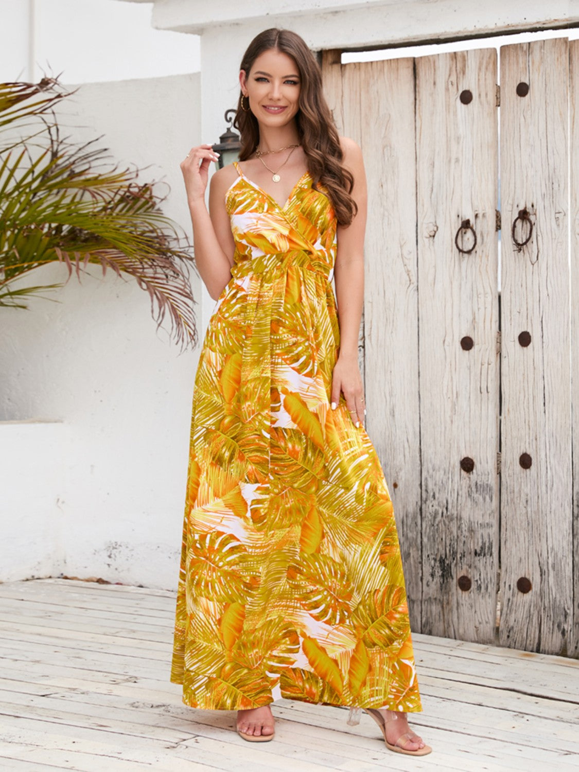 Buy tangerine Printed Surplice Spaghetti Strap Dress