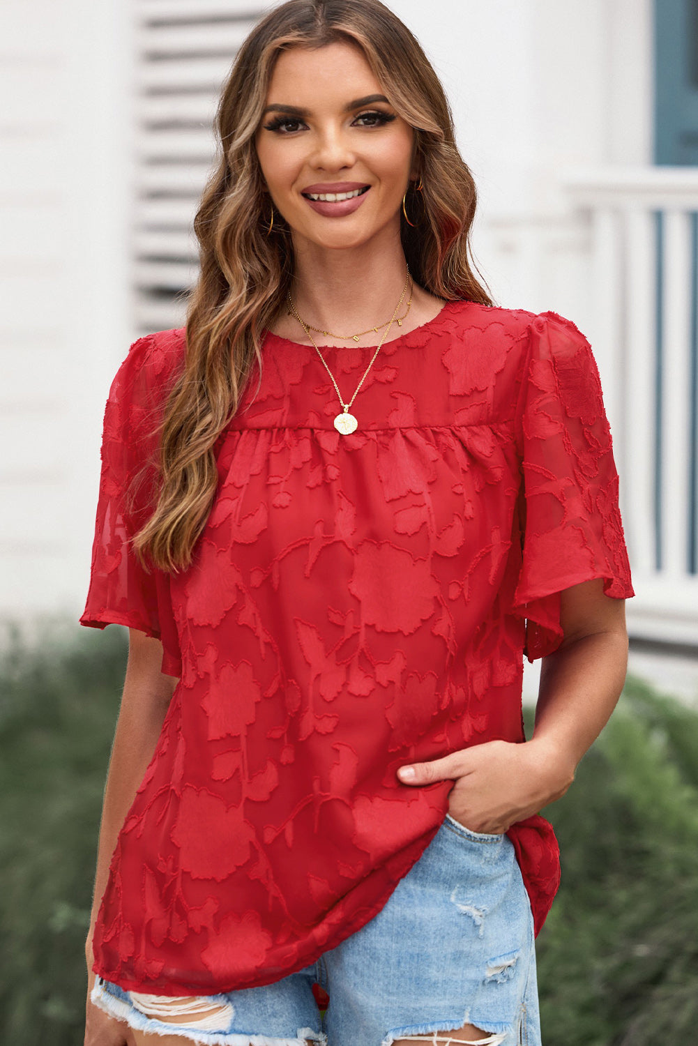 Buy deep-red Round Neck Puff Sleeve Blouse