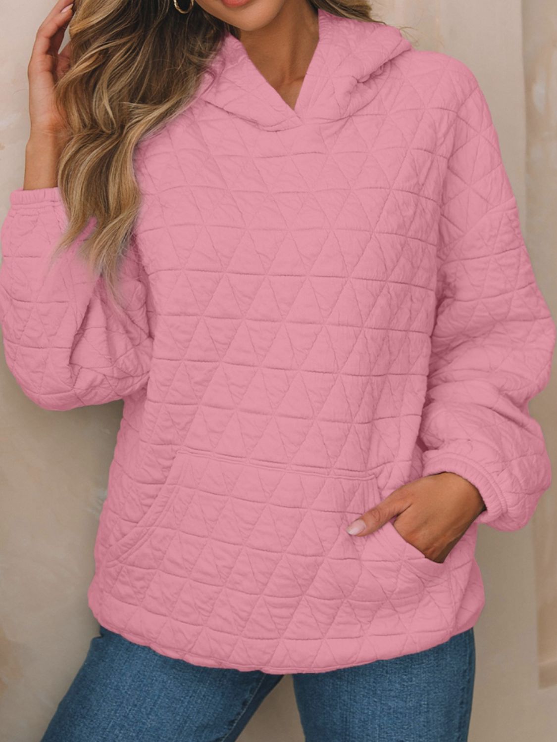 Buy dusty-pink Textured Long Sleeve Hoodie with Pockets