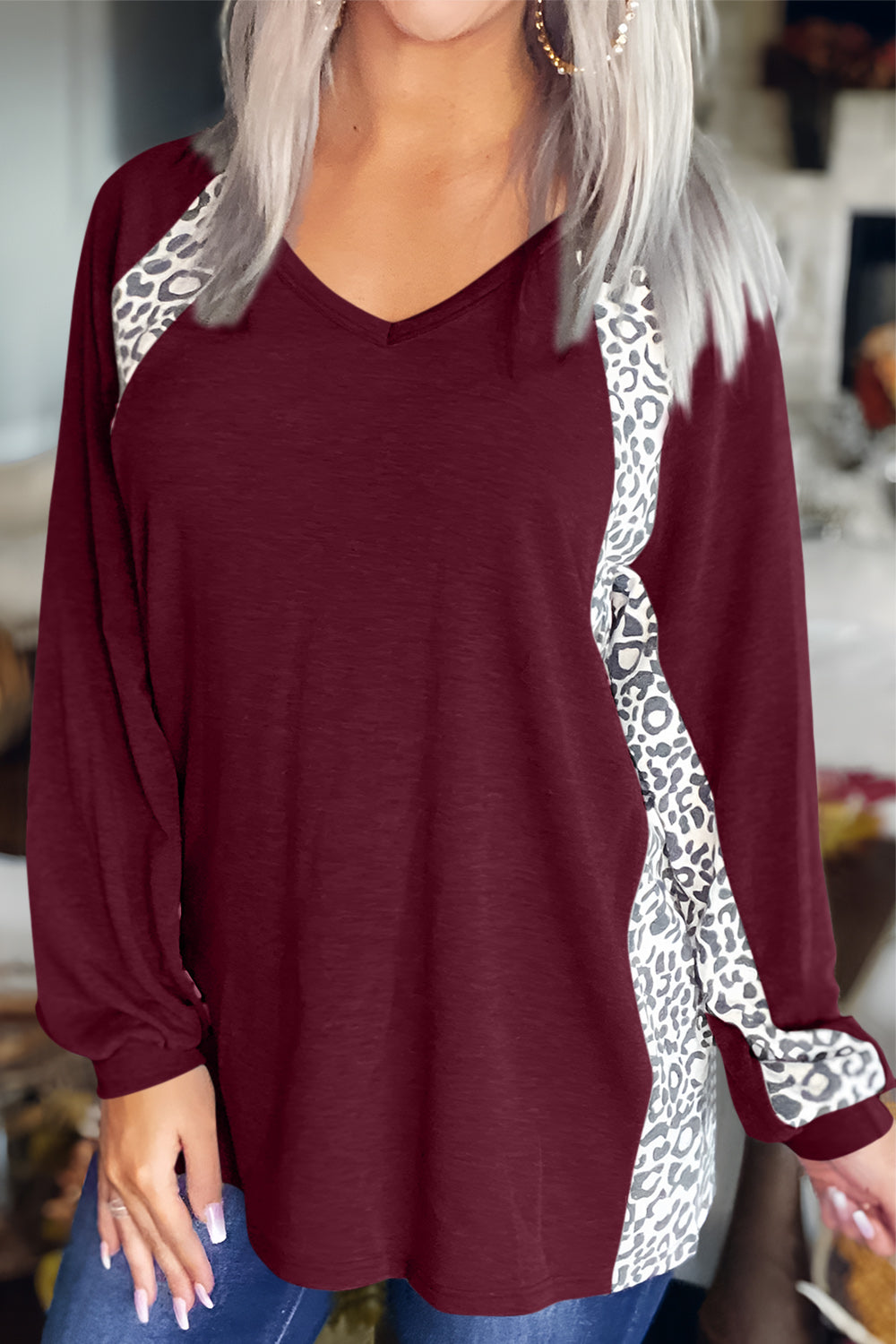 Buy burgundy Full Size Leopard V-Neck Long Sleeve T-Shirt