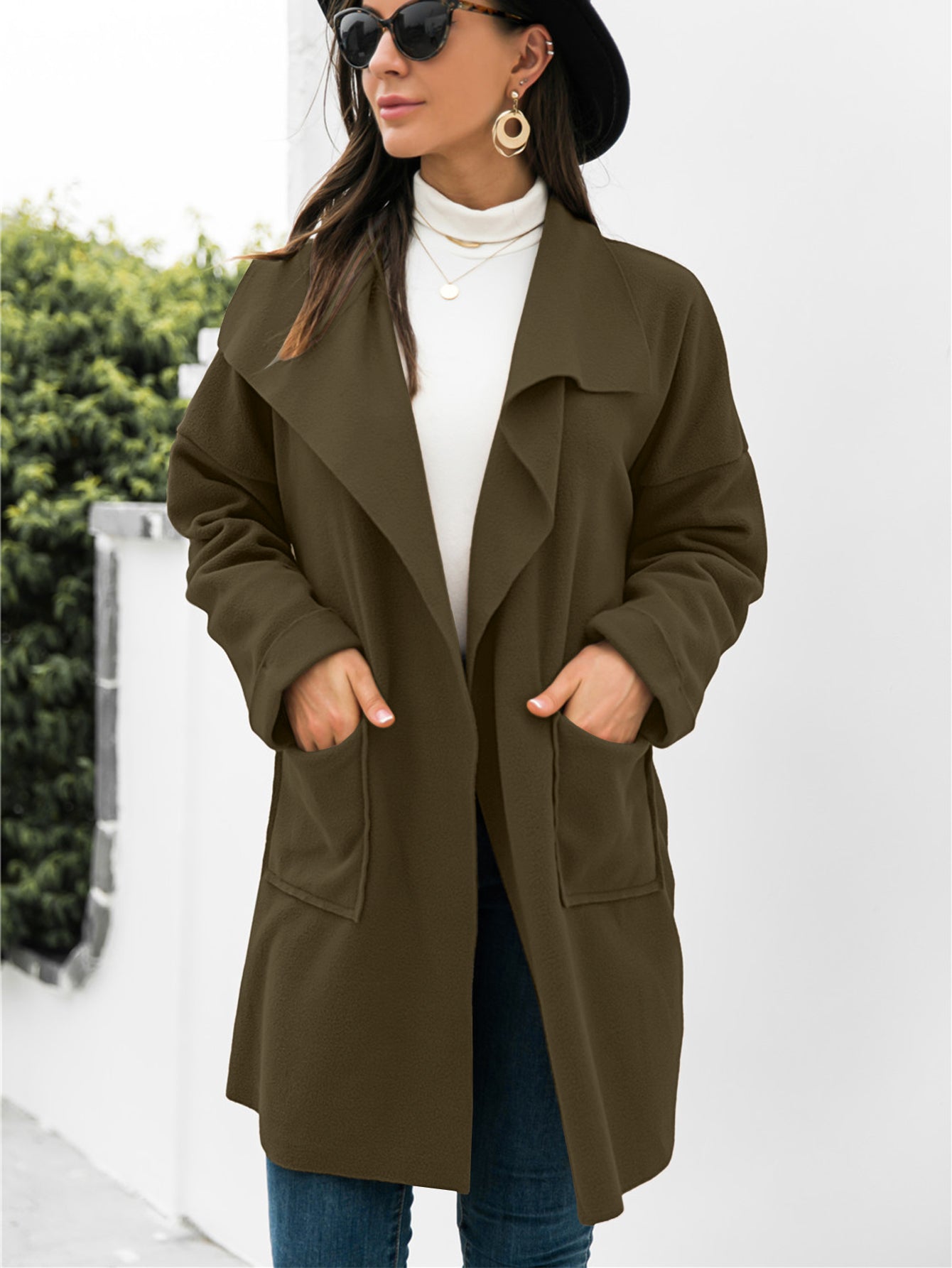 Buy gray Waterfall Collar Brushed Longline Coat with Pockets