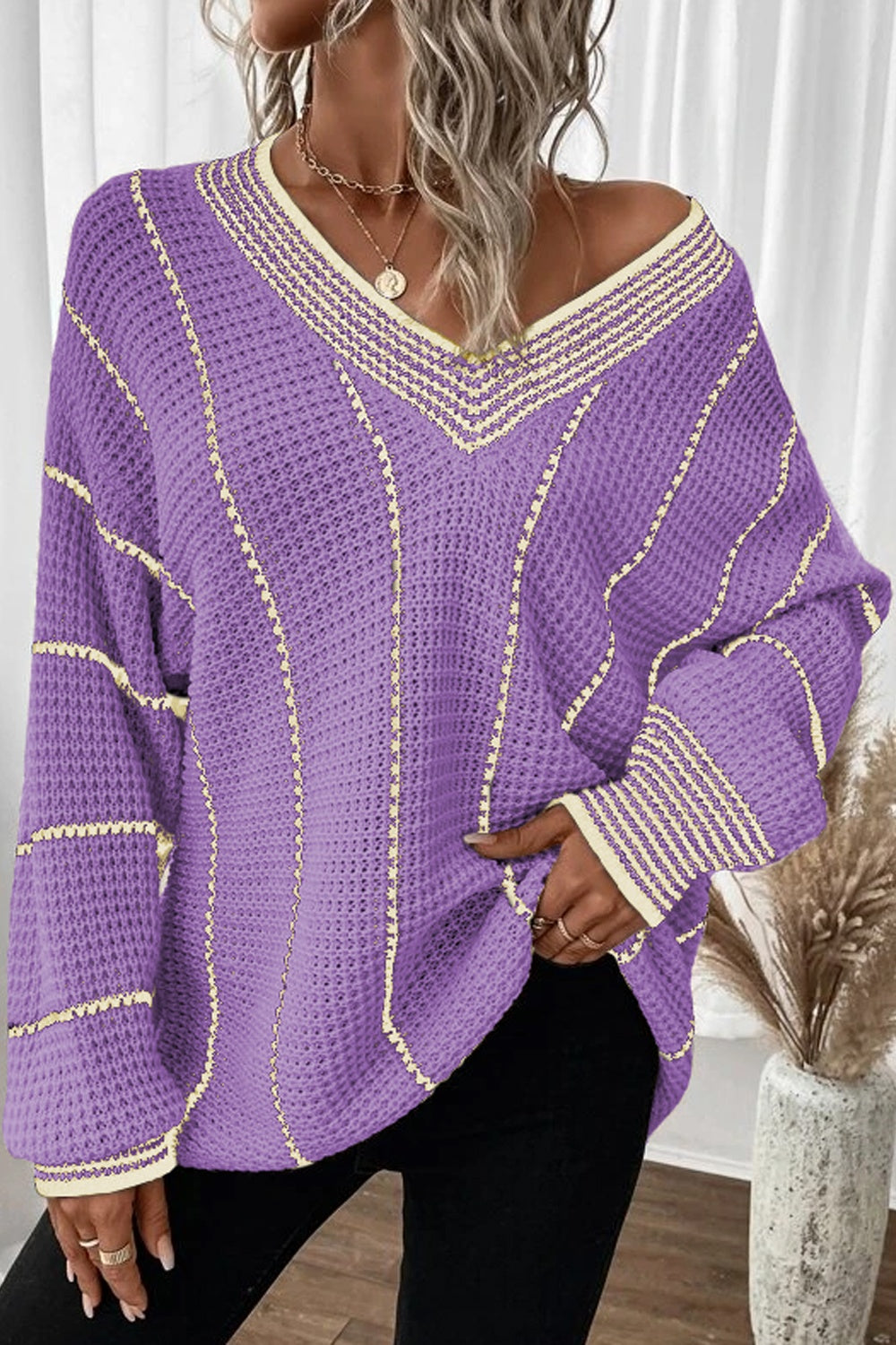 Buy lavender Striped V-Neck Dropped Shoulder Sweater