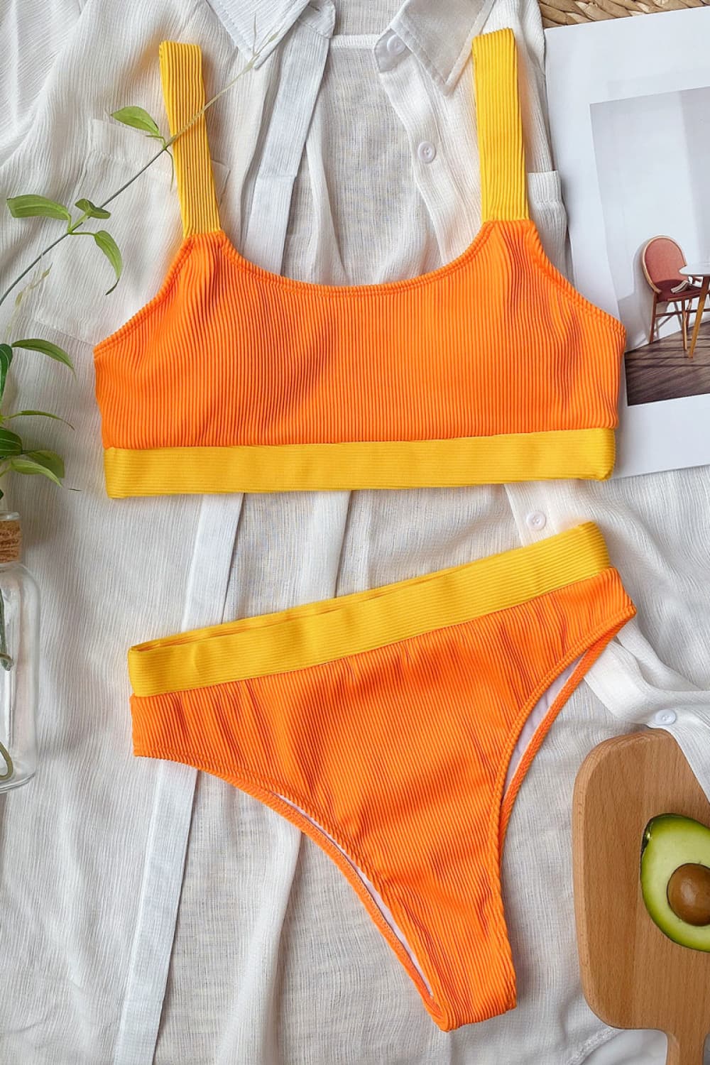 Buy tangerine Color Block Scoop Neck Bikini Set