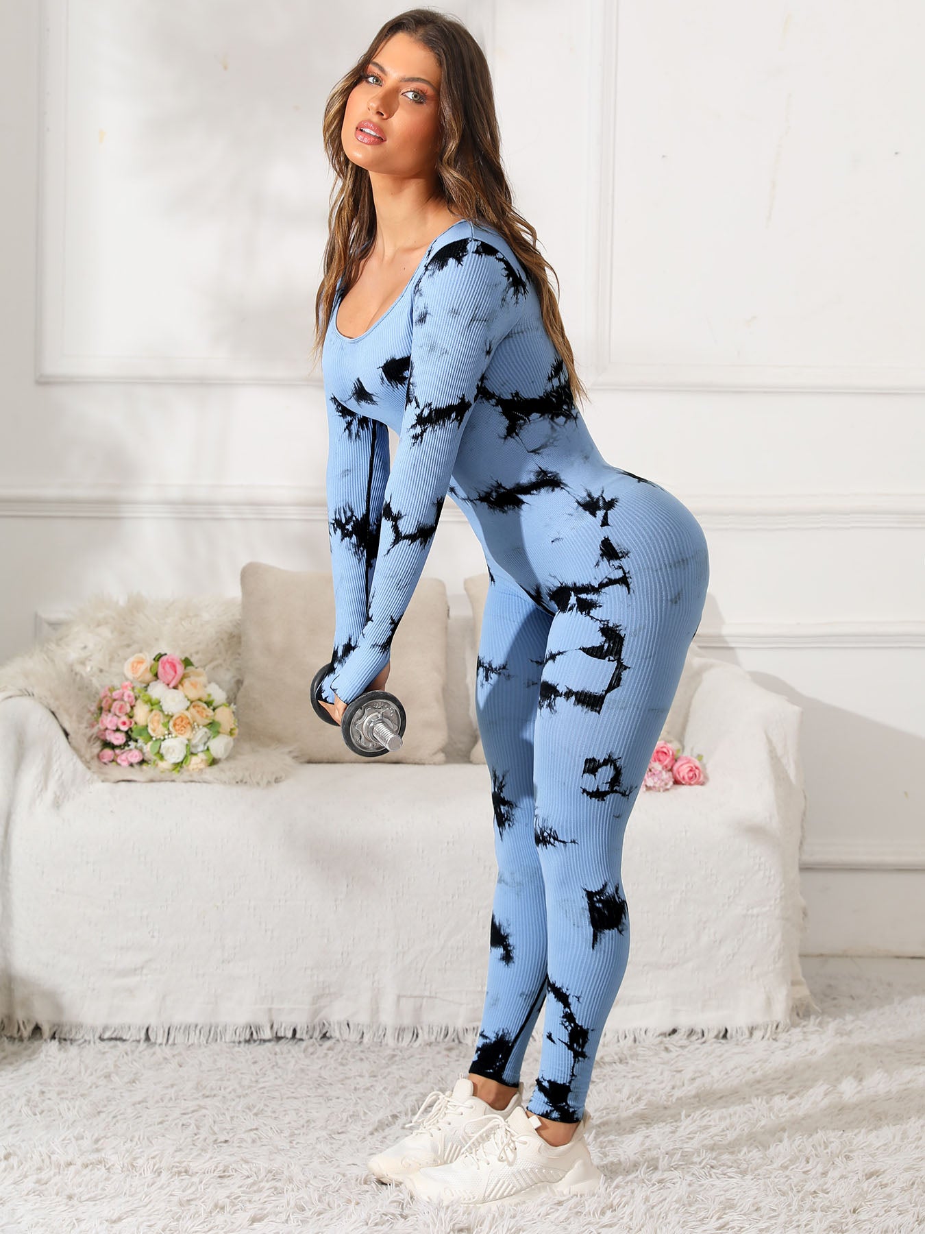 Buy light-blue Scoop Neck Long Sleeve Active Jumpsuit