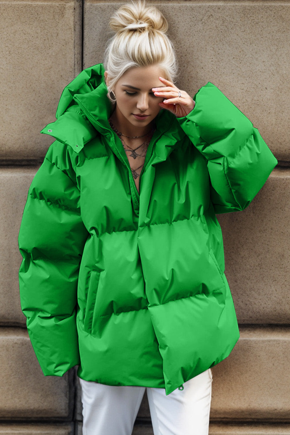 Buy green Pocketed Zip Up Hooded Puffer Jacket