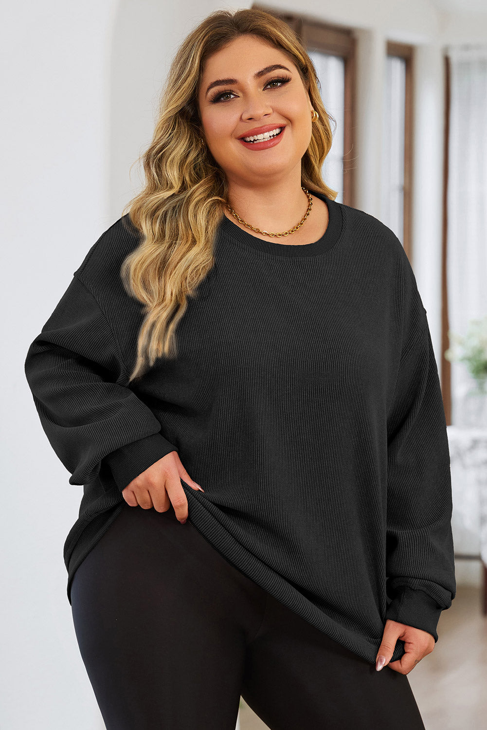 Buy black Plus Size Round Neck Dropped Shoulder Sweatshirt