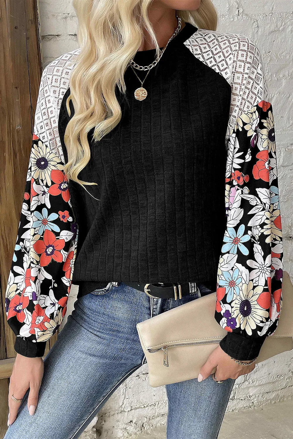 Buy black Printed Round Neck Long Sleeve Top