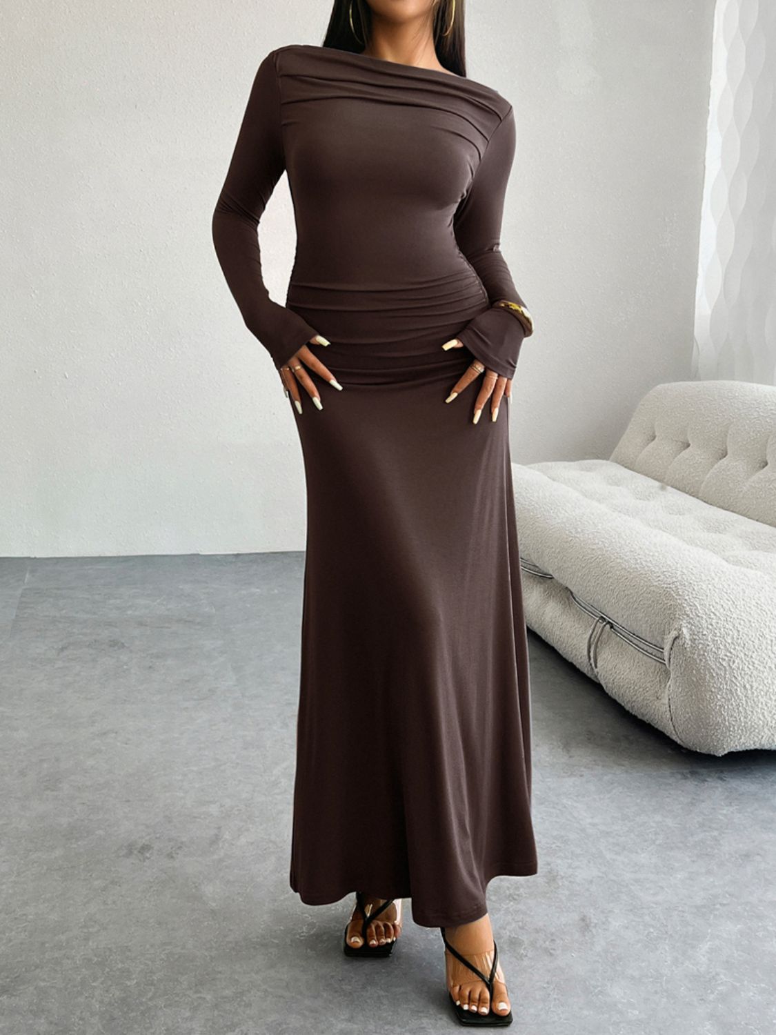 Buy coffee-brown Devine Ruched Long Sleeve Maxi Dress