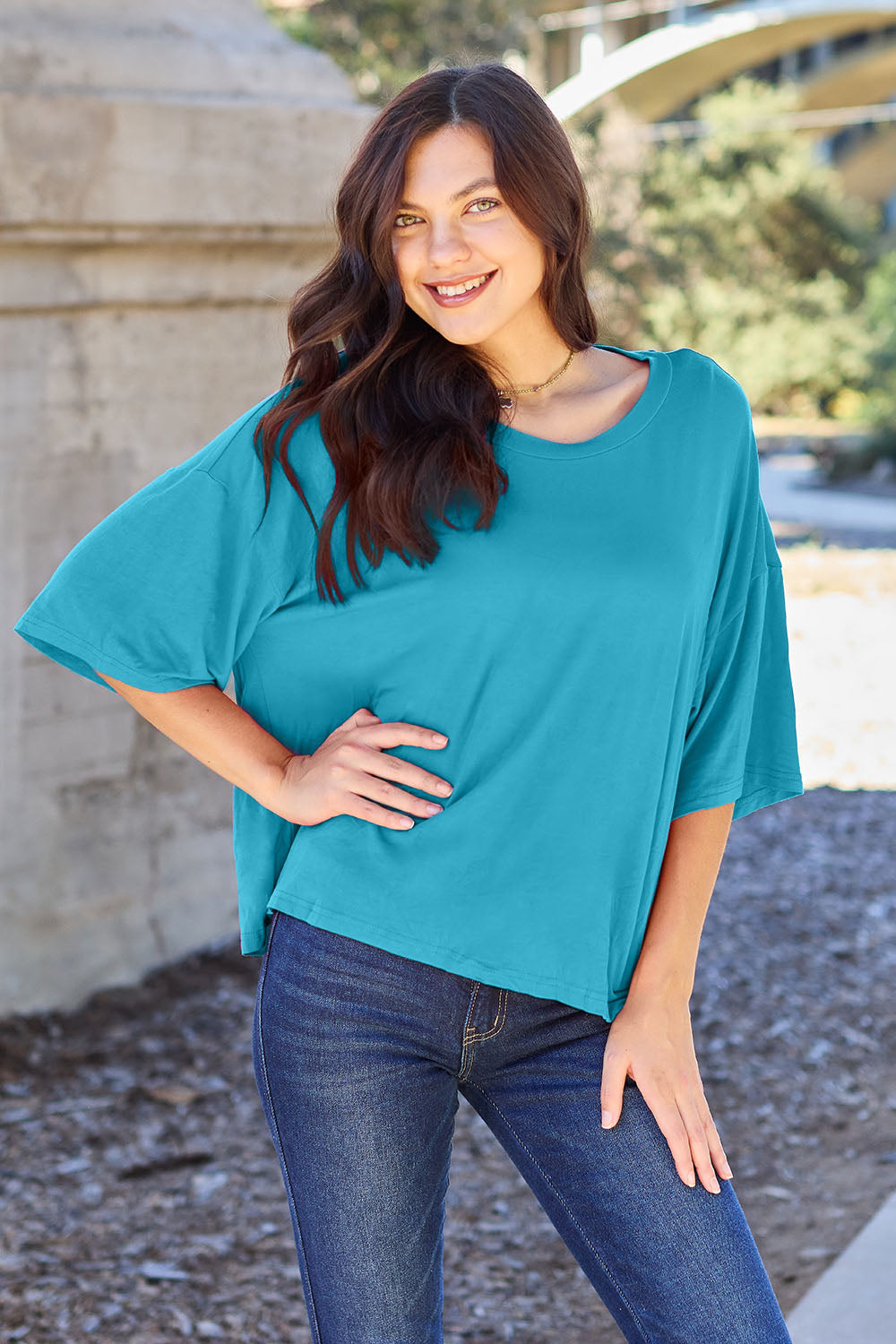 Buy sky-blue Basic Bae Full Size Round Neck Drop Shoulder T-Shirt