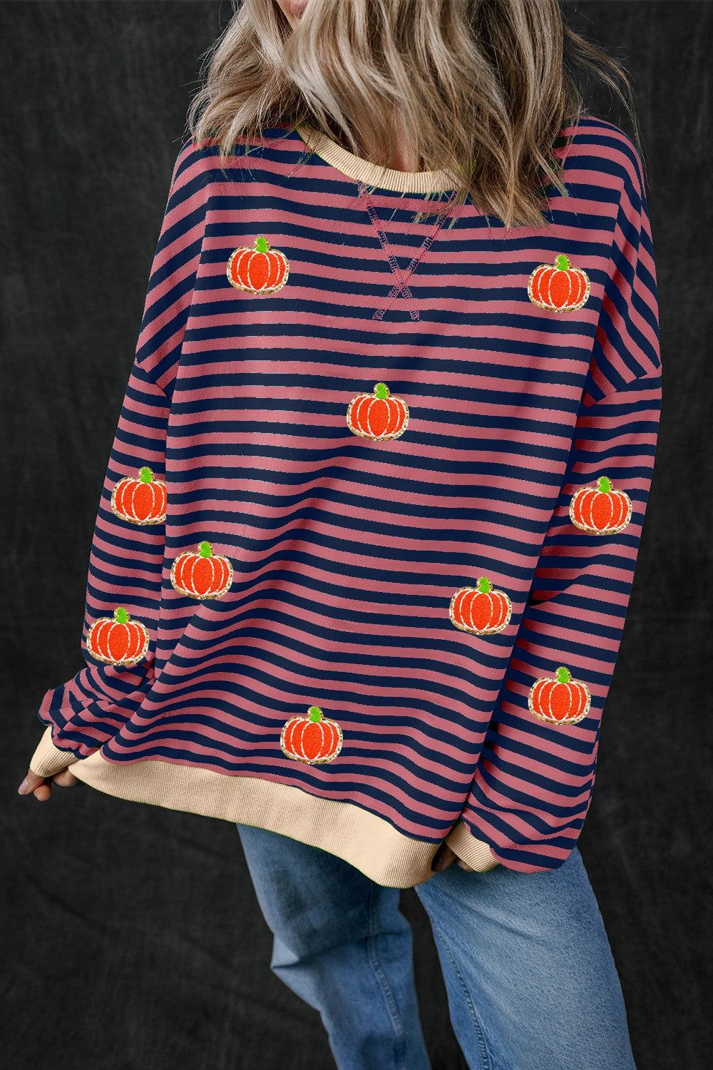 Buy dusty-pink Pumpkin Striped Long Sleeve Sweatshirt