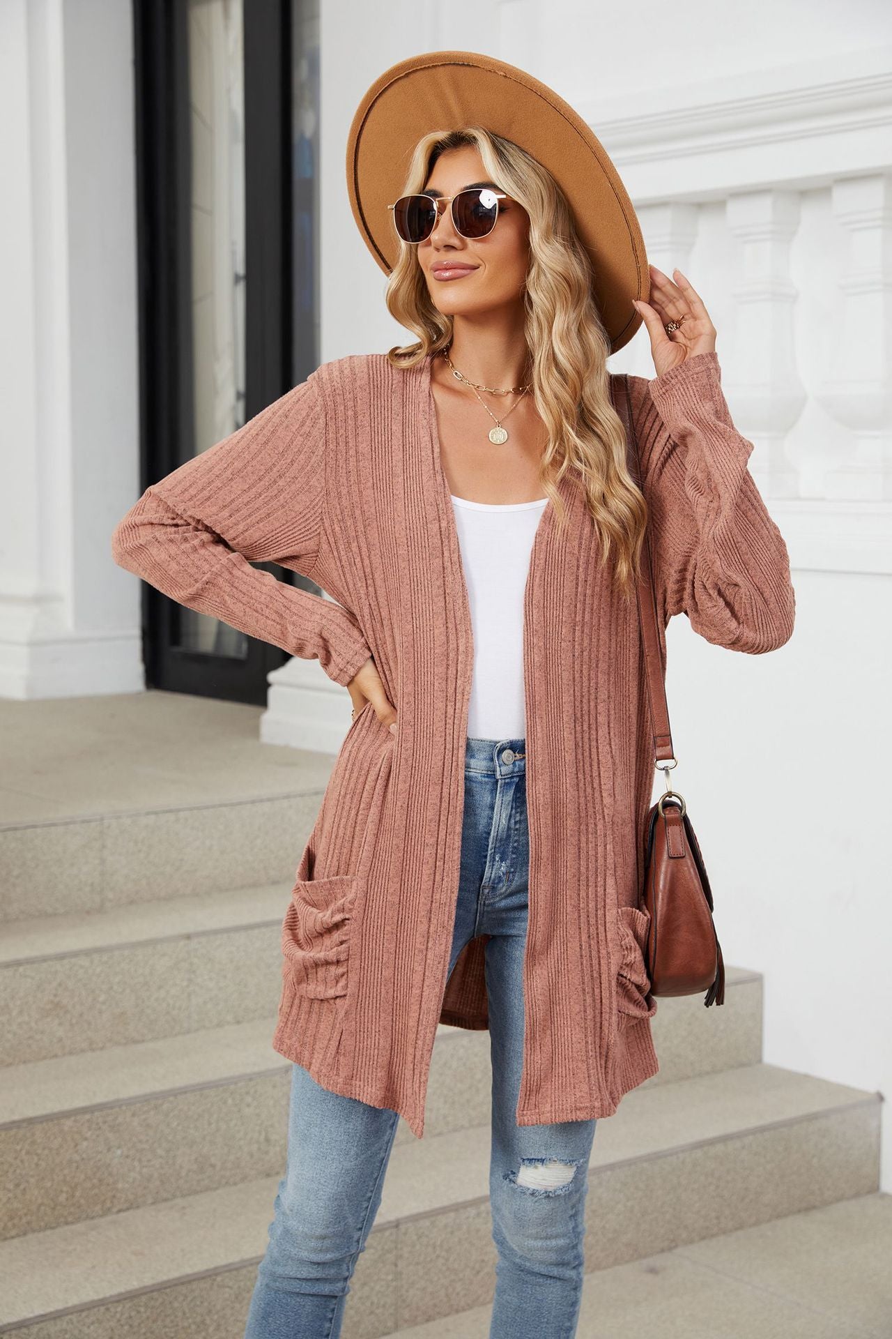 Buy burnt-coral Pocketed Open Front Long Sleeve Cardigan