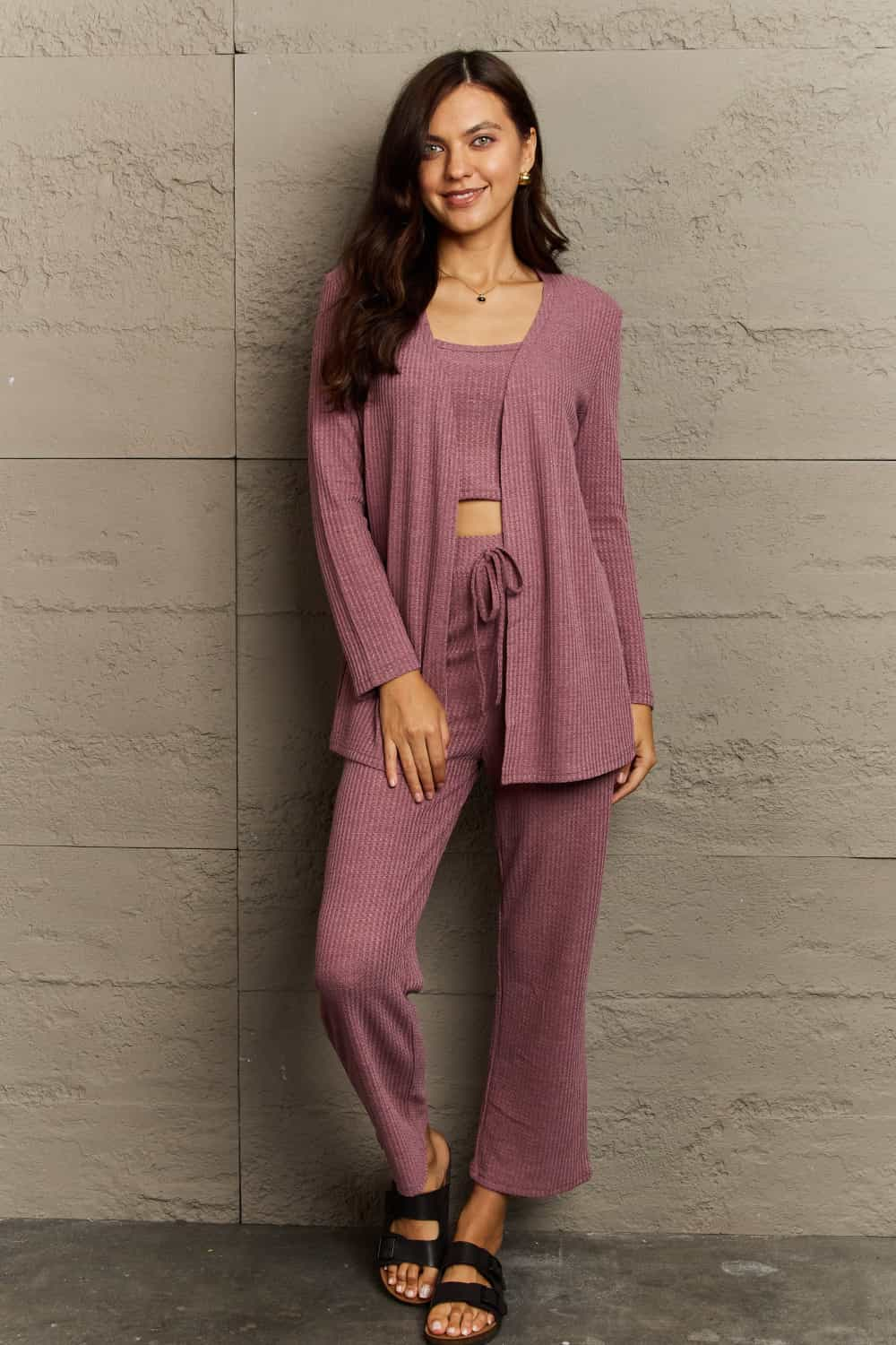 Buy pink-purple Ninexis Full Size Cropped Top, Long Pants and Cardigan Lounge Set