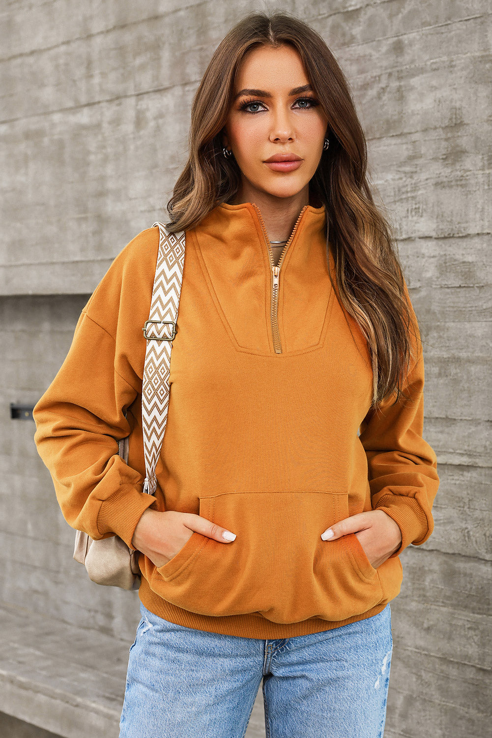 Buy caramel Quarter Zip Dropped Shoulder Sweatshirt