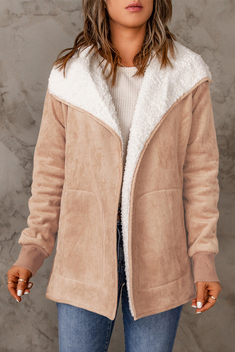 Buy pale-blush Open Front Long Sleeve Sherpa Jacket with Pockets