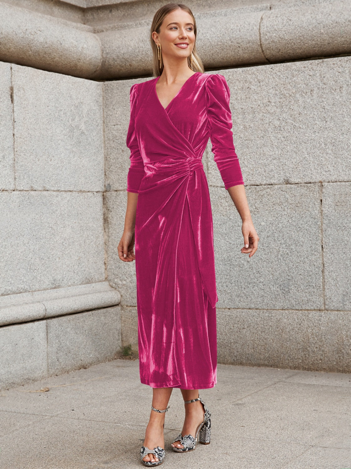 Buy hot-pink Surplice Puff Sleeve Midi Dress