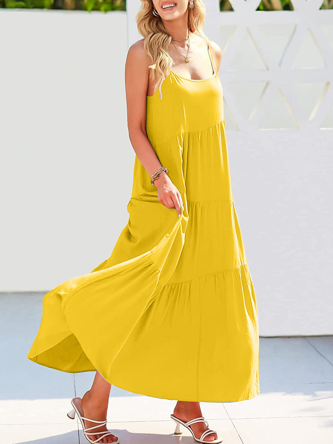 Buy yellow Full Size Ruched Tiered Spaghetti Strap Dress