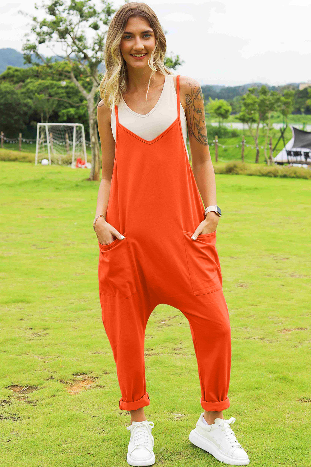 Buy orange Double Take Full Size Sleeveless V-Neck Pocketed Jumpsuit