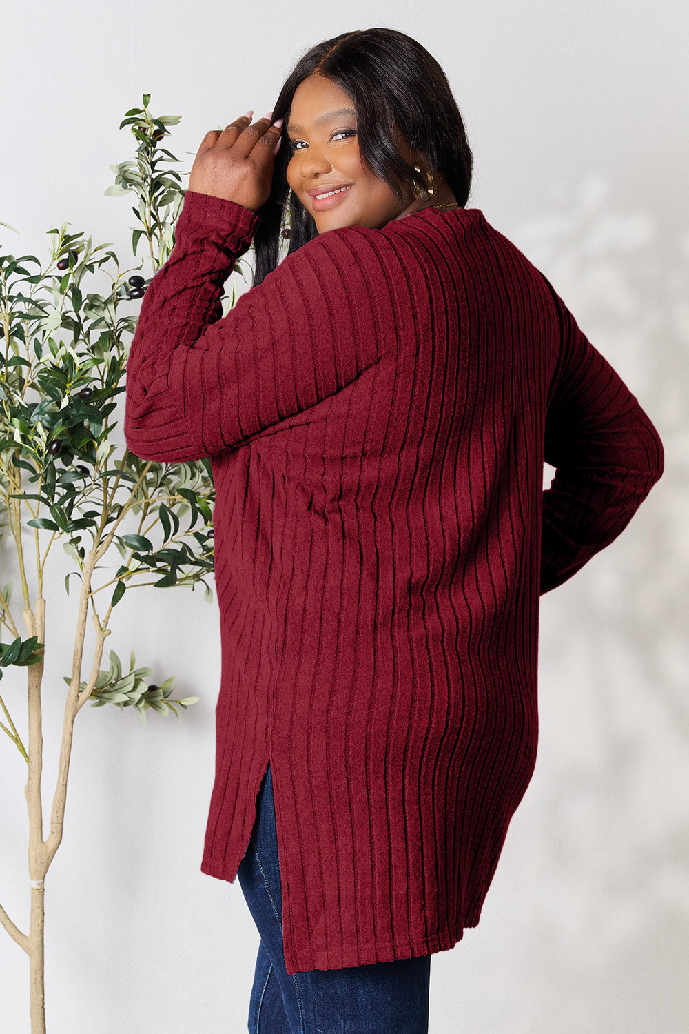 Buy burgundy Basic Bae Full Size Ribbed Round Neck Long Sleeve Slit Top