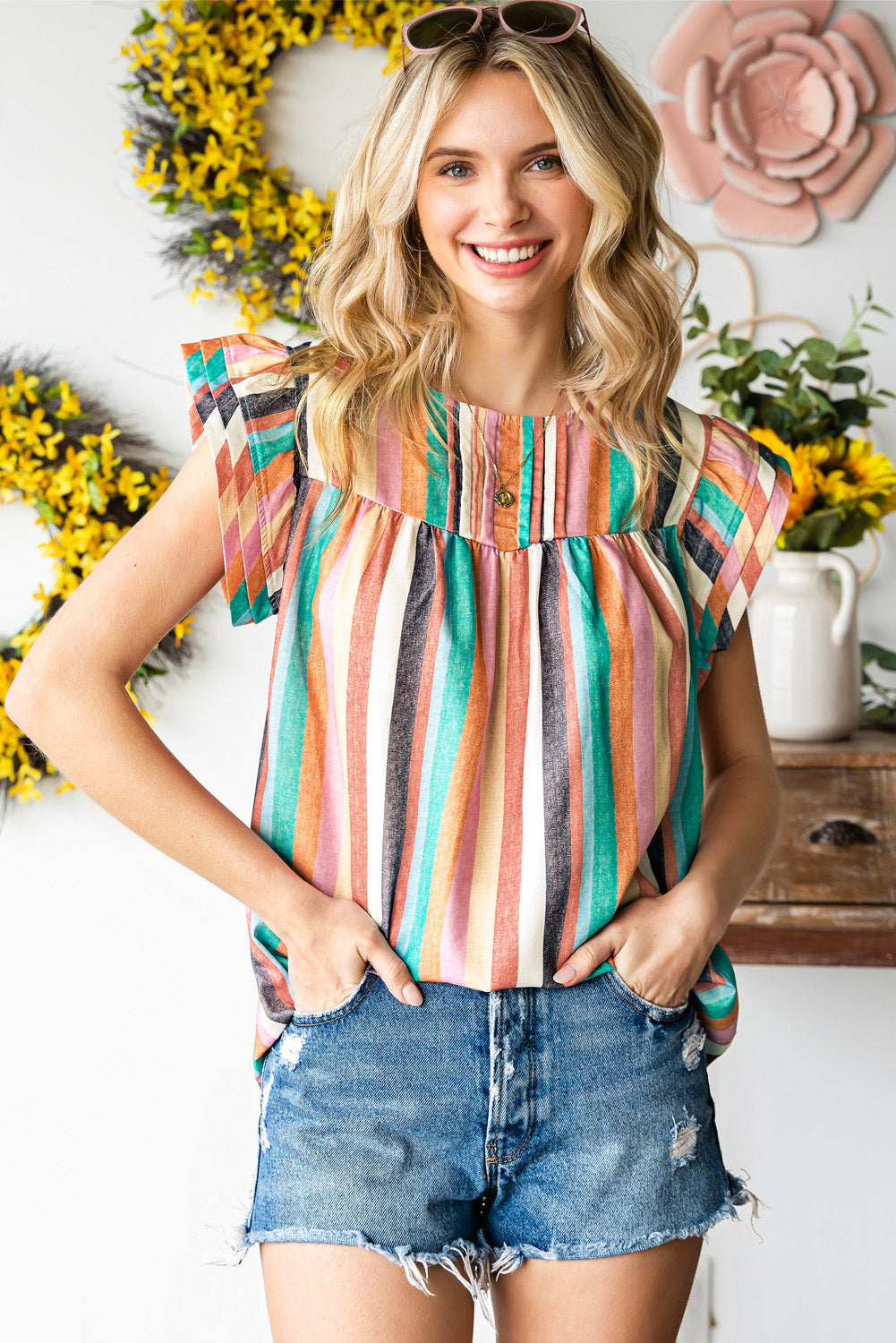 Buy turquoise Multicolored Stripe Flutter Sleeve Blouse