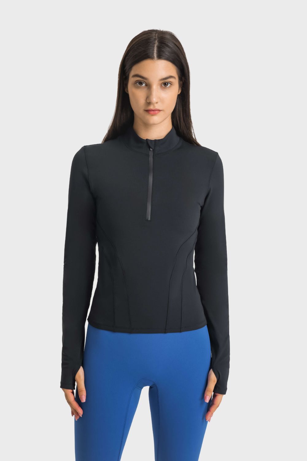 Buy black Millennia Half Zip Thumbhole Sleeve Sports Top