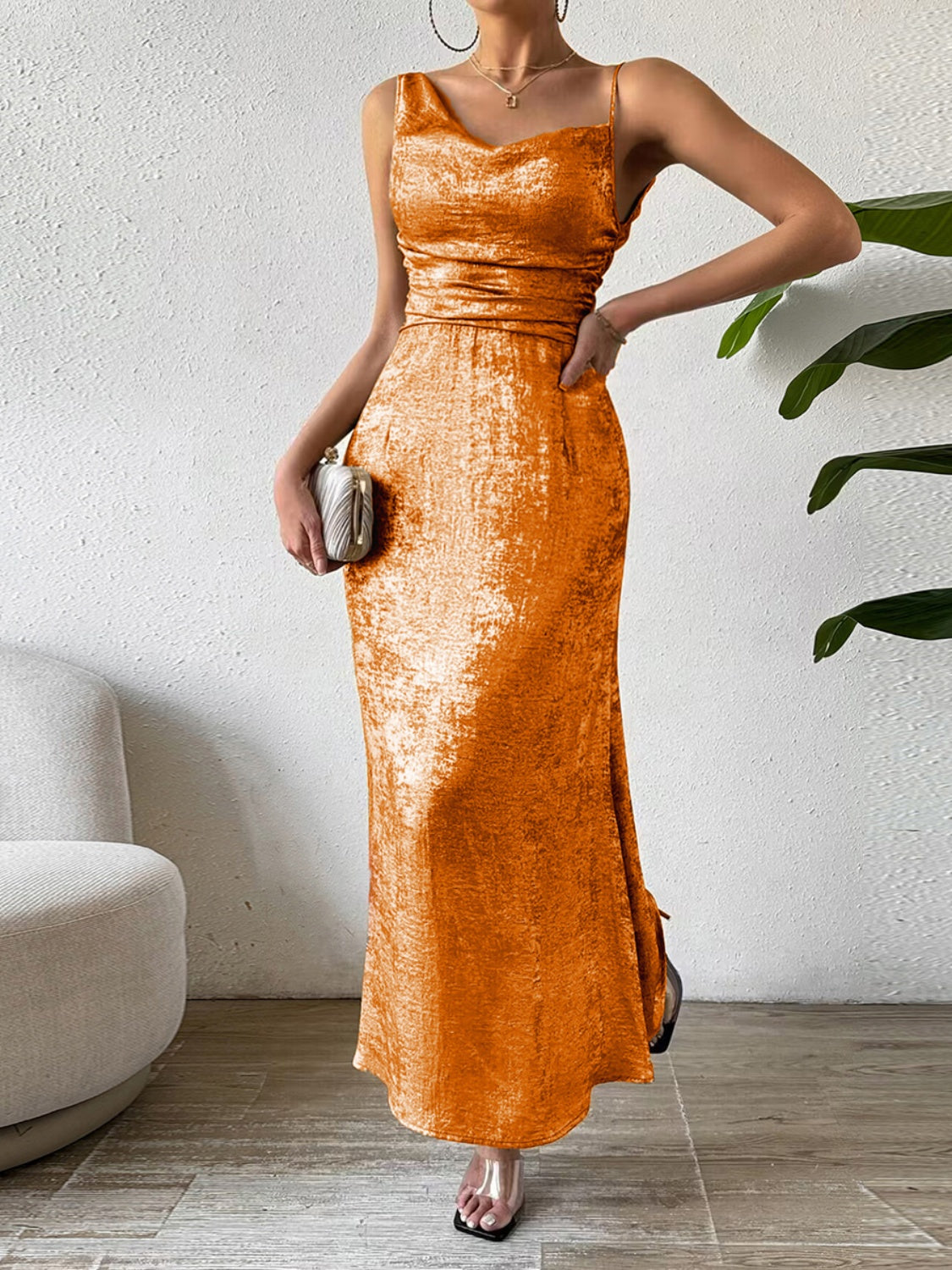 Buy orange Honey Asymmetric Neck Sleeveless Midi Dress