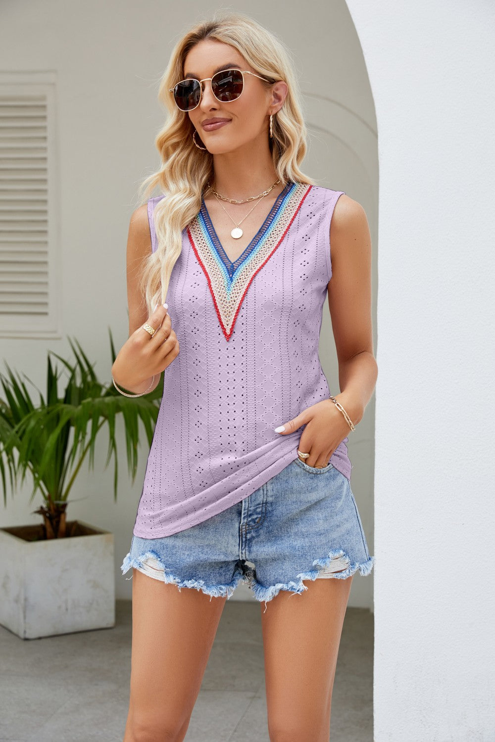 Buy lavender Contrast V-Neck Eyelet Tank