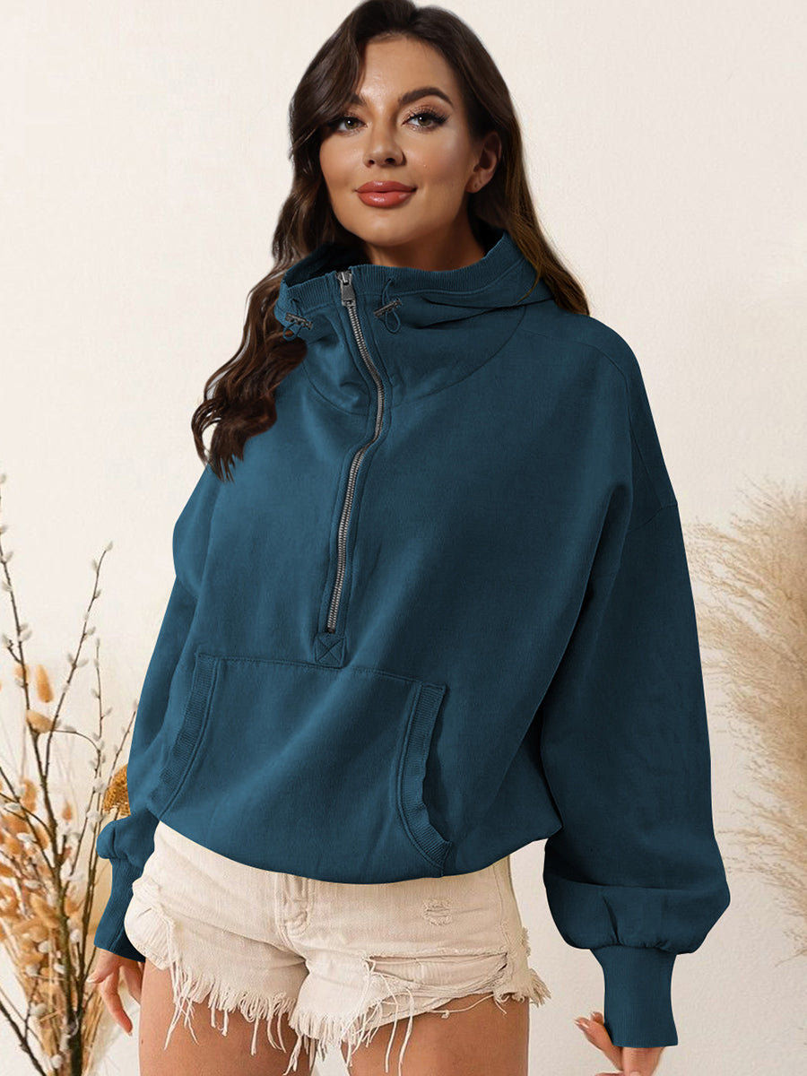 Buy deep-teal Zip-Up Dropped Shoulder Hoodie