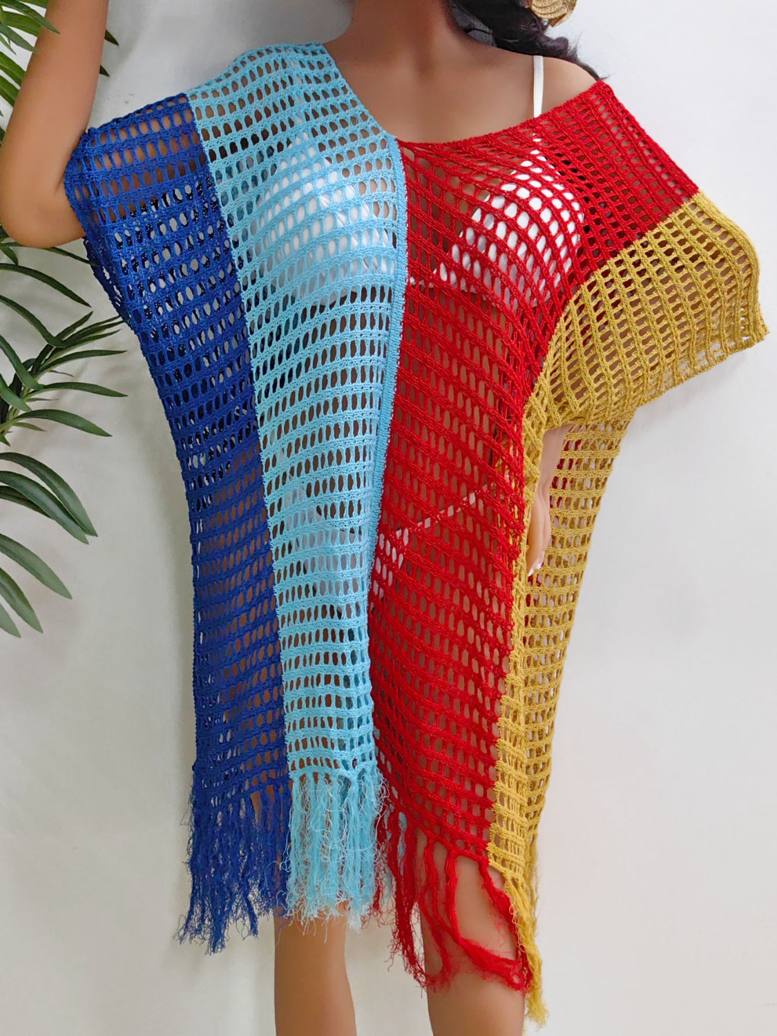 Buy royal-blue Fringe Color Block Scoop Neck Cover Up