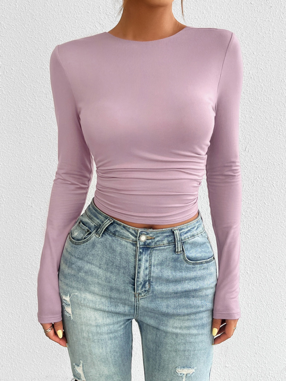 Buy pink-purple Devine Backless Round Neck Long Sleeve T-Shirt